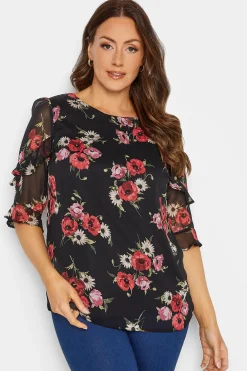 M&Co Womens Black & Red Floral Double Frill Sleeve Blouse>Women Blouses