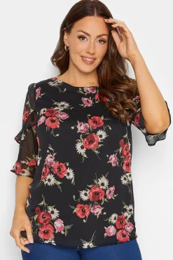 M&Co Womens Black & Red Floral Double Frill Sleeve Blouse>Women Blouses