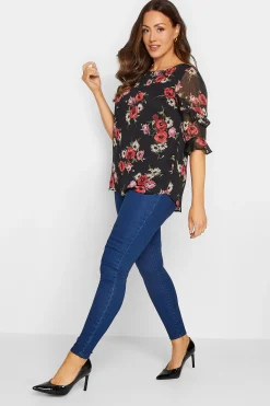 M&Co Womens Black & Red Floral Double Frill Sleeve Blouse><noscript><img width=
