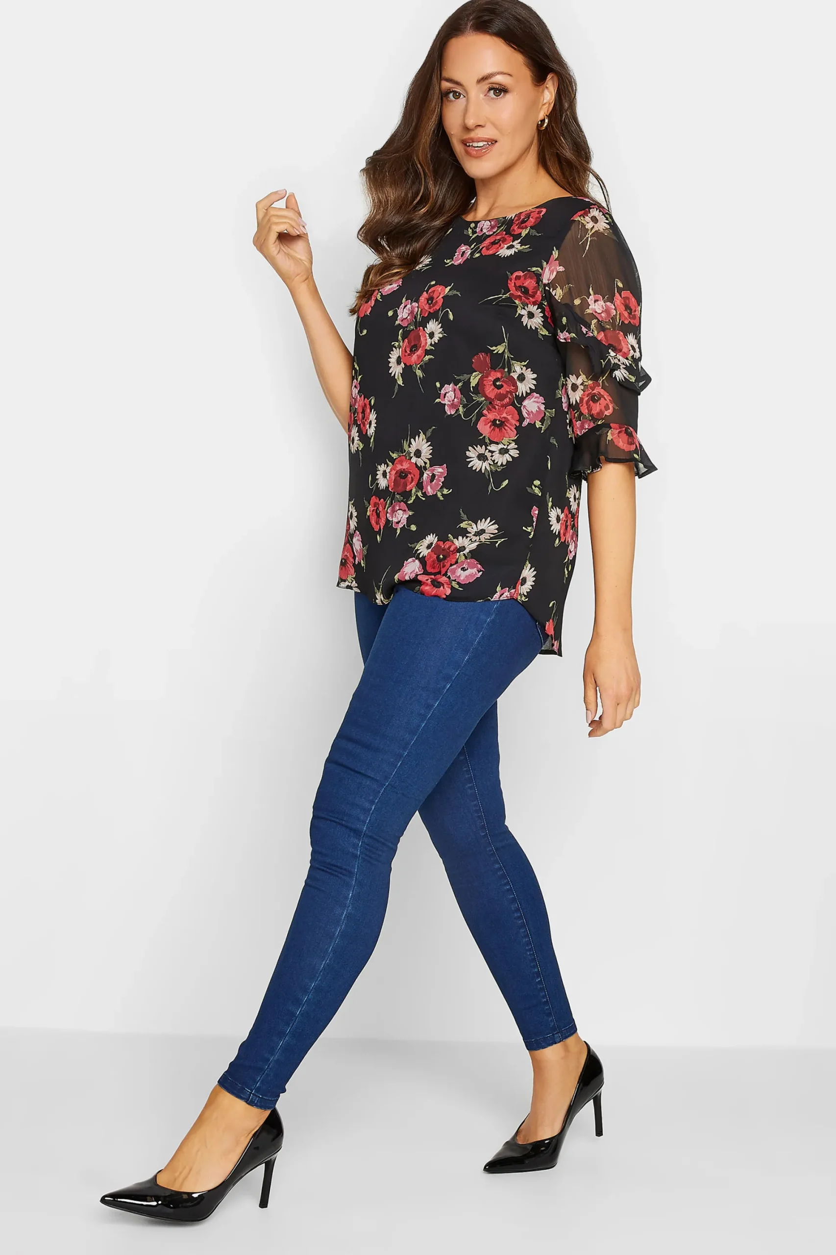 M&Co Womens Black & Red Floral Double Frill Sleeve Blouse>Women Blouses