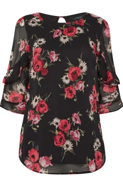 M&Co Womens Black & Red Floral Double Frill Sleeve Blouse><noscript><img width=