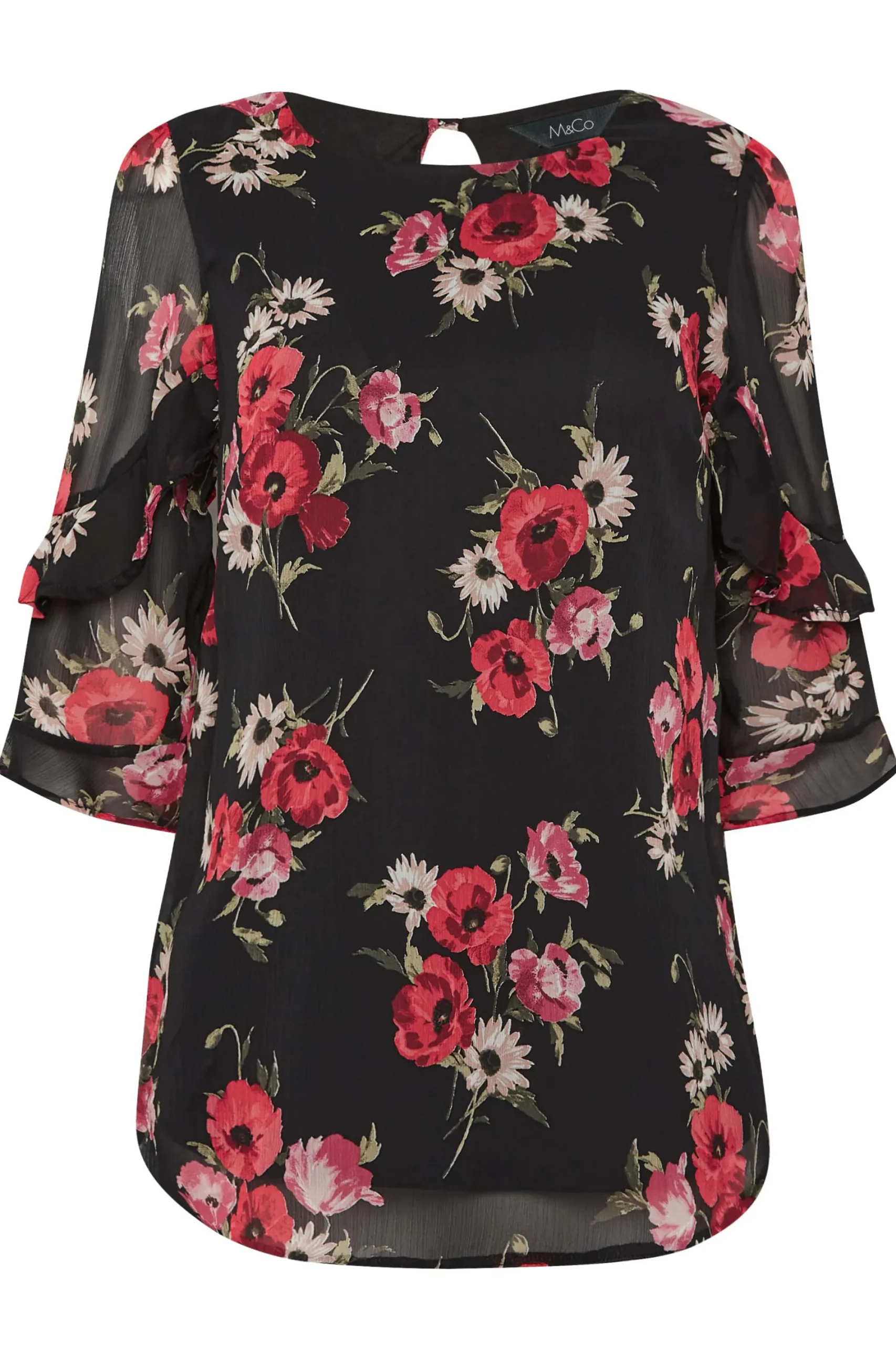 M&Co Womens Black & Red Floral Double Frill Sleeve Blouse>Women Blouses