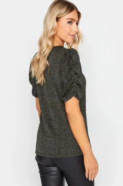 M&Co Womens Black & Silver Glitter Ruched Sleeve Blouse><noscript><img width=