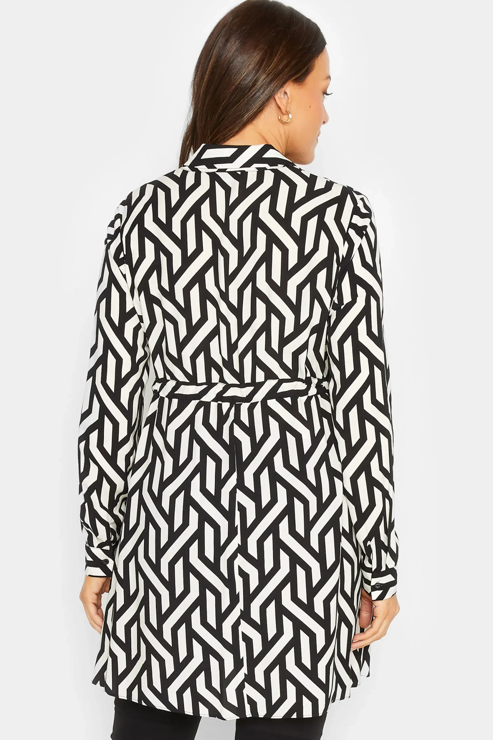 M&Co Womens Black & White Geometric Print Tie Waist Tunic Shirt>Women Shirts