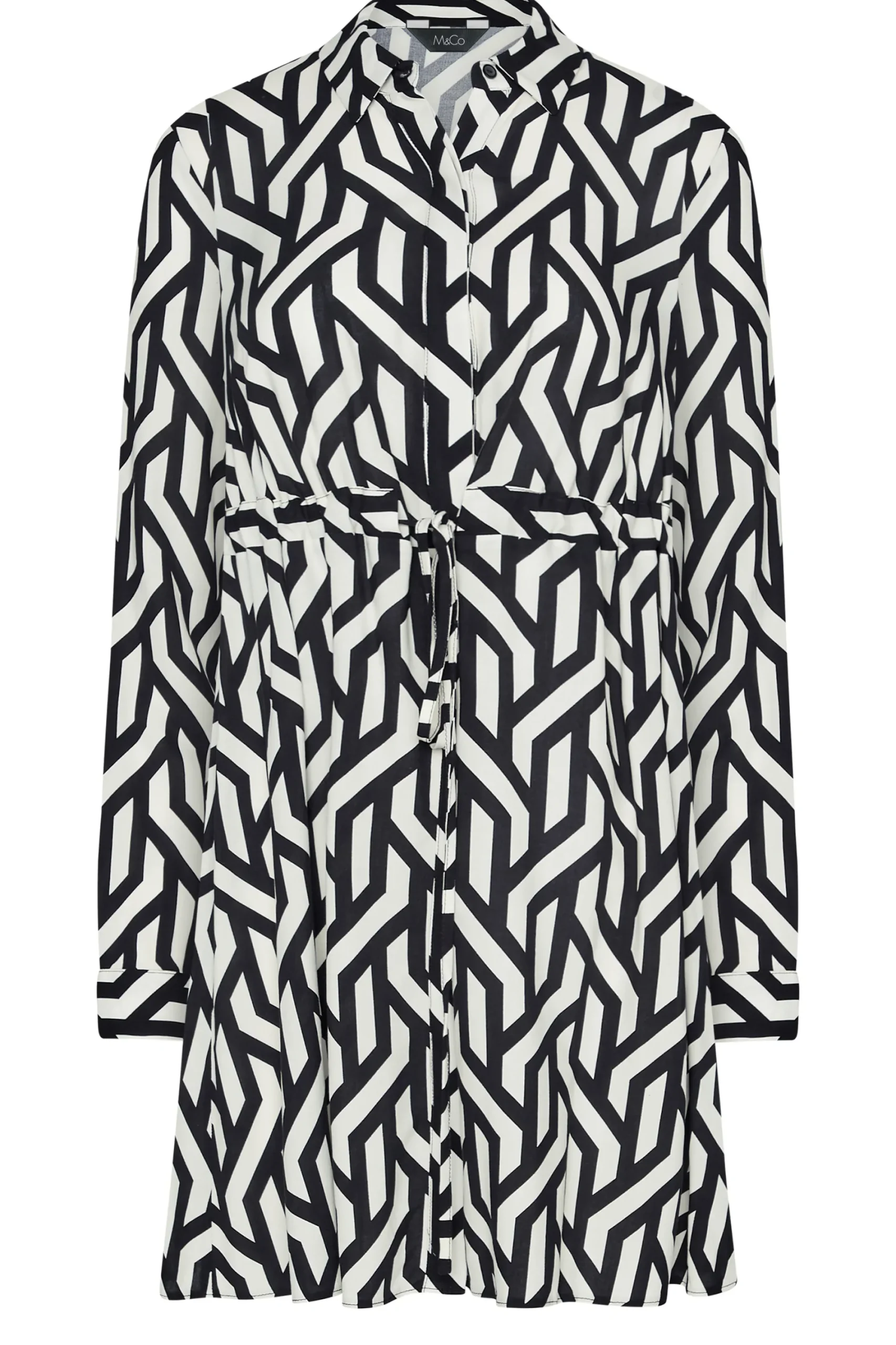 M&Co Womens Black & White Geometric Print Tie Waist Tunic Shirt>Women Shirts