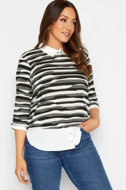M&Co Womens Black & White Stripe 2 In 1 Jumper>Women Long Sleeve Tops