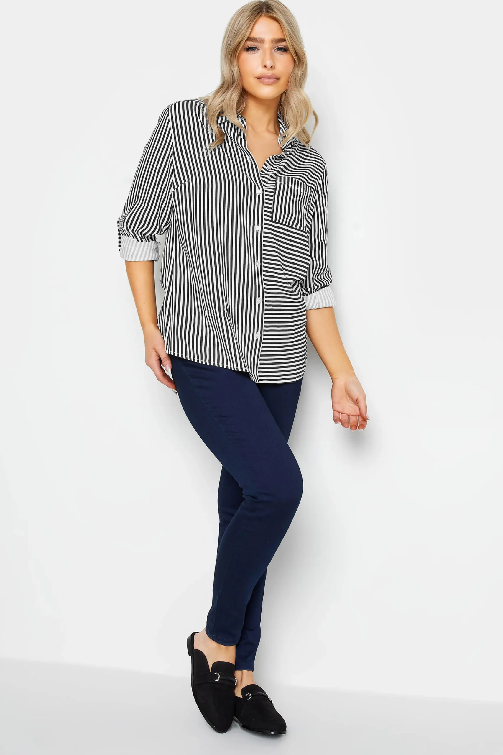 M&Co Womens Black & White Stripe Tab Sleeve Shirt>Women Shirts