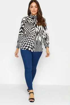 M&Co Womens Black & White Abstract Print High Neck Satin Blouse>Women Long Sleeve Tops