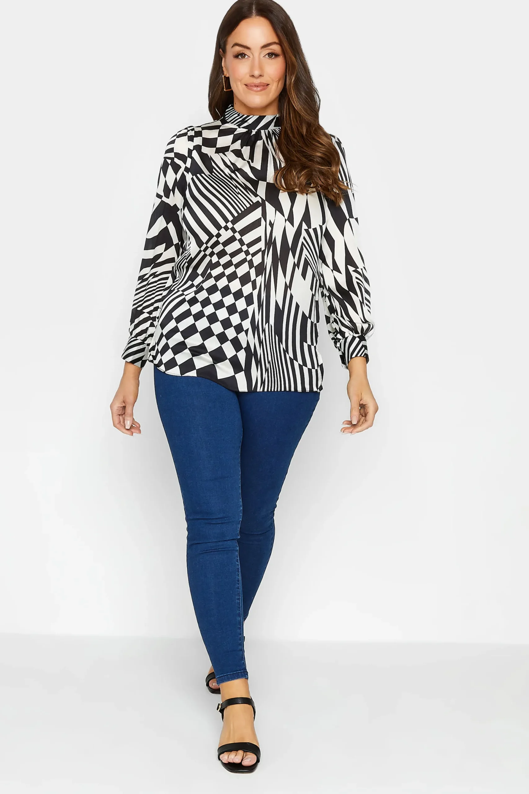 M&Co Womens Black & White Abstract Print High Neck Satin Blouse>Women Long Sleeve Tops
