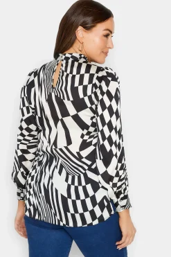 M&Co Womens Black & White Abstract Print High Neck Satin Blouse><noscript><img width=