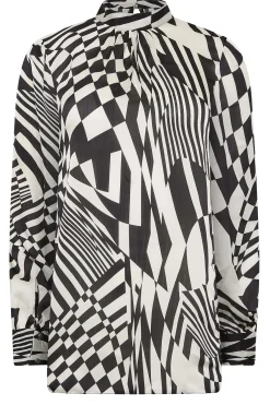 M&Co Womens Black & White Abstract Print High Neck Satin Blouse><noscript><img width=