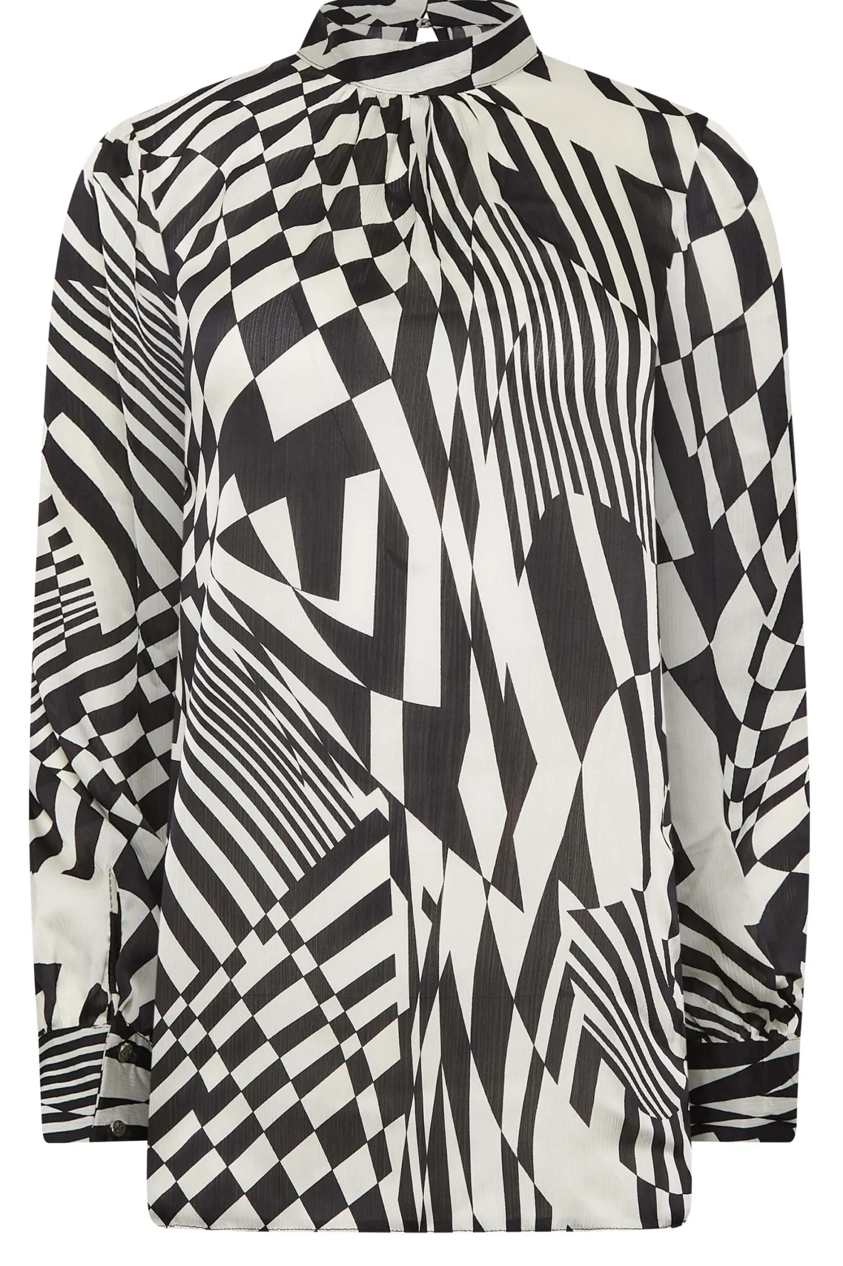 M&Co Womens Black & White Abstract Print High Neck Satin Blouse>Women Long Sleeve Tops