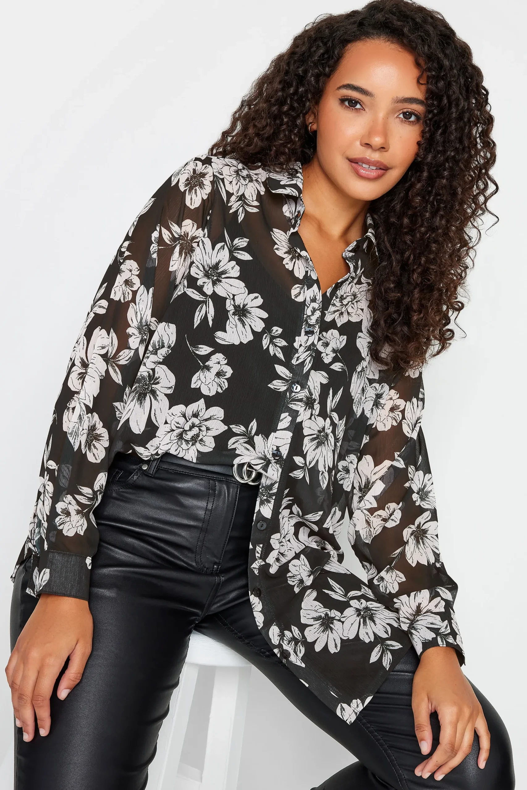 M&Co Womens Black & White Floral Print Longline Shirt>Women Blouses