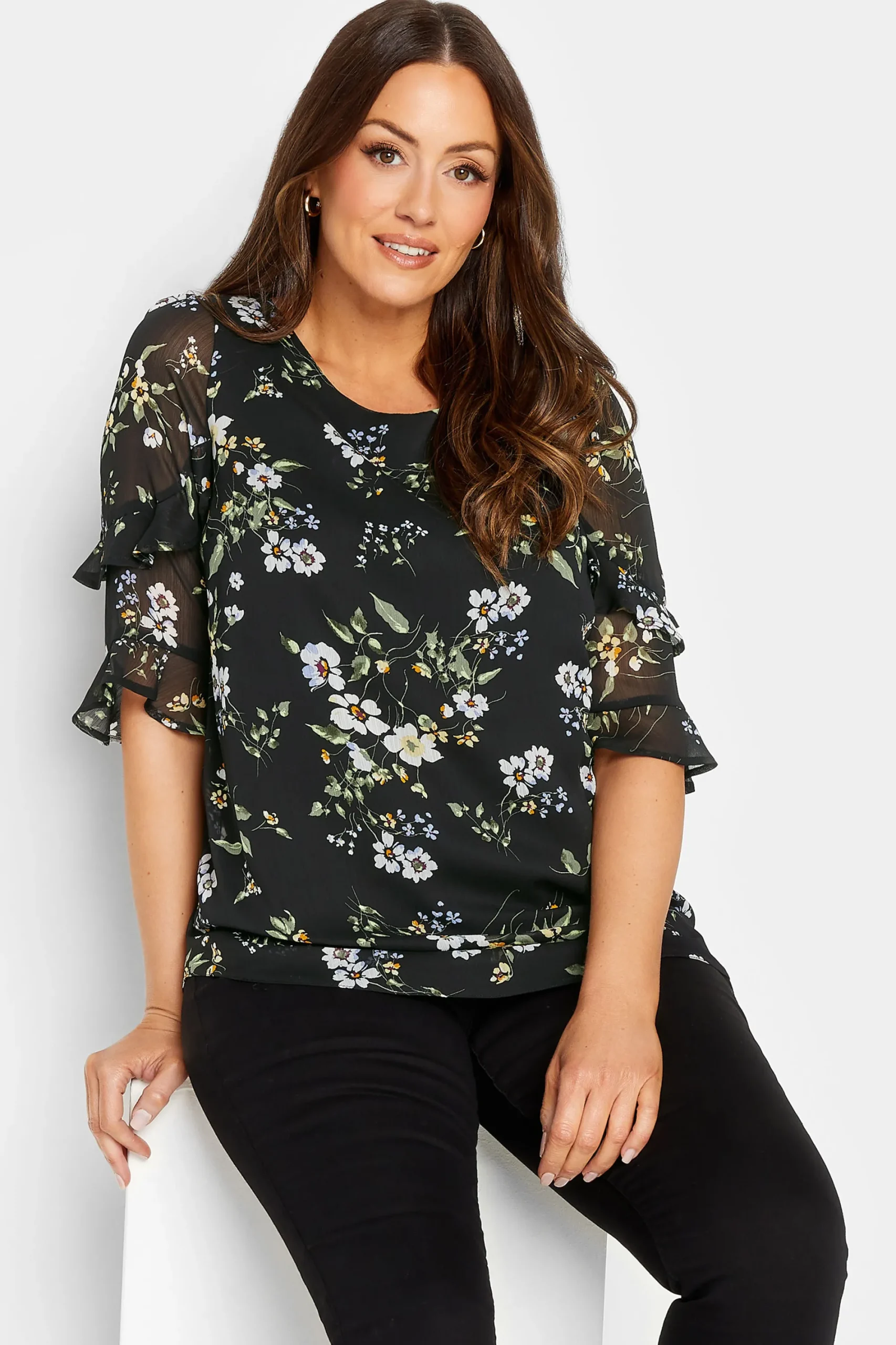 M&Co Womens Black & White Floral Double Frill Sleeve Blouse>Women Blouses