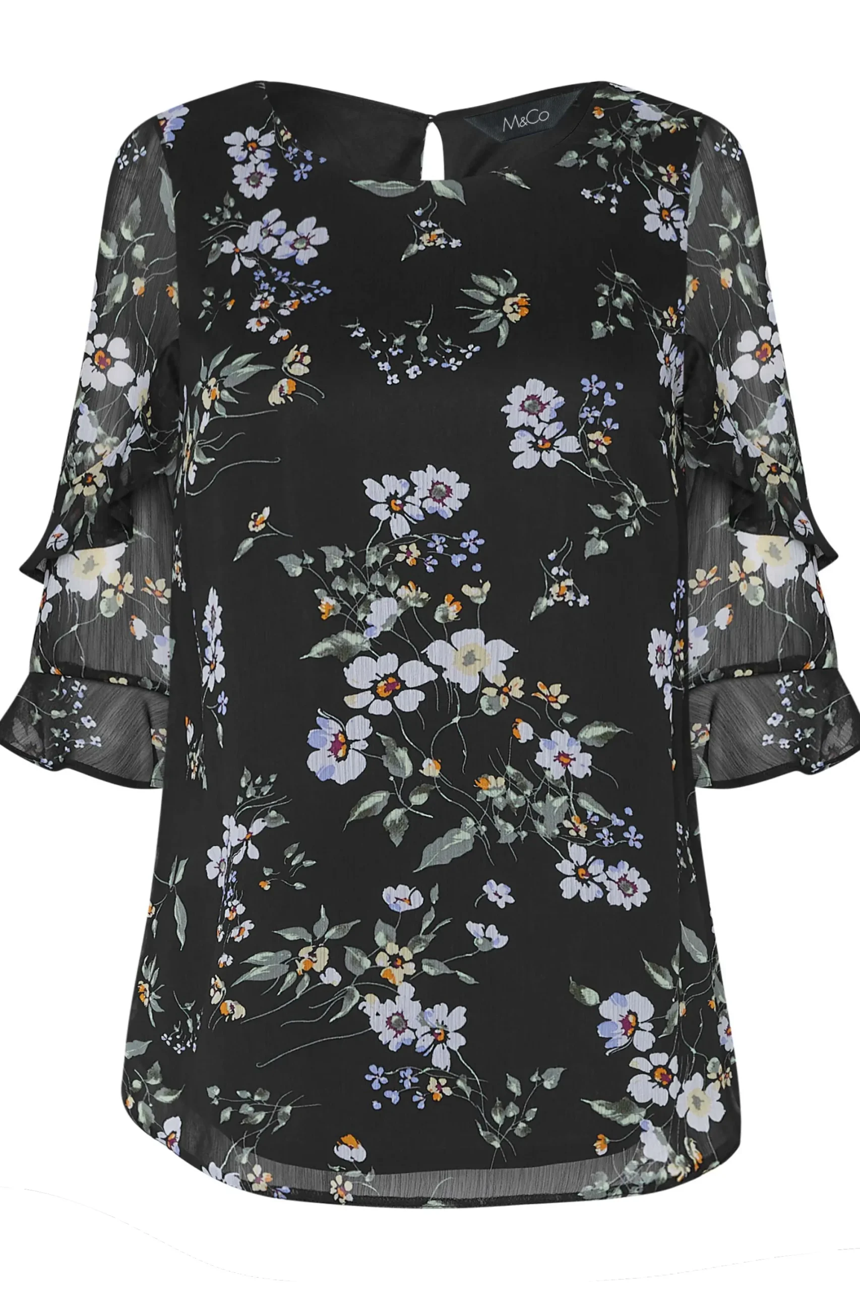 M&Co Womens Black & White Floral Double Frill Sleeve Blouse>Women Blouses