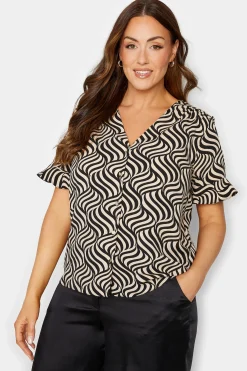 M&Co Womens Black & White Swirl Print Frill Sleeve Blouse>Women Short Sleeve Tops
