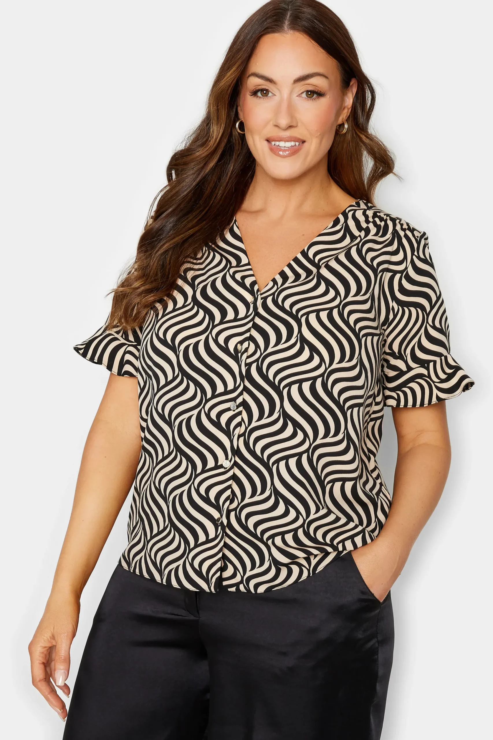 M&Co Womens Black & White Swirl Print Frill Sleeve Blouse>Women Short Sleeve Tops