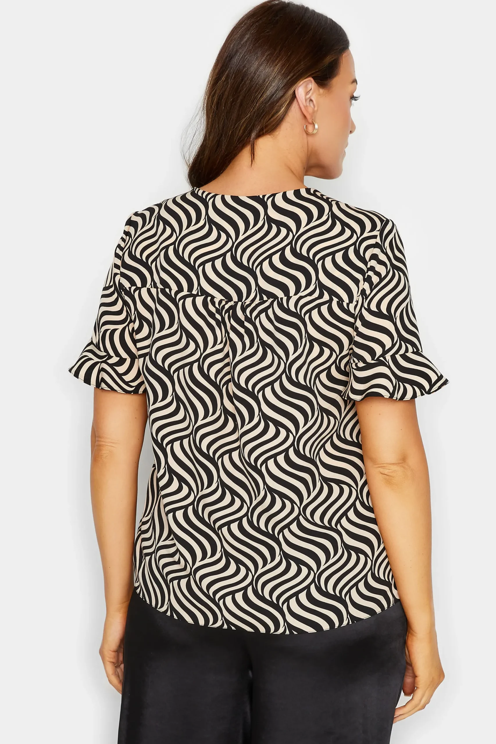 M&Co Womens Black & White Swirl Print Frill Sleeve Blouse>Women Short Sleeve Tops