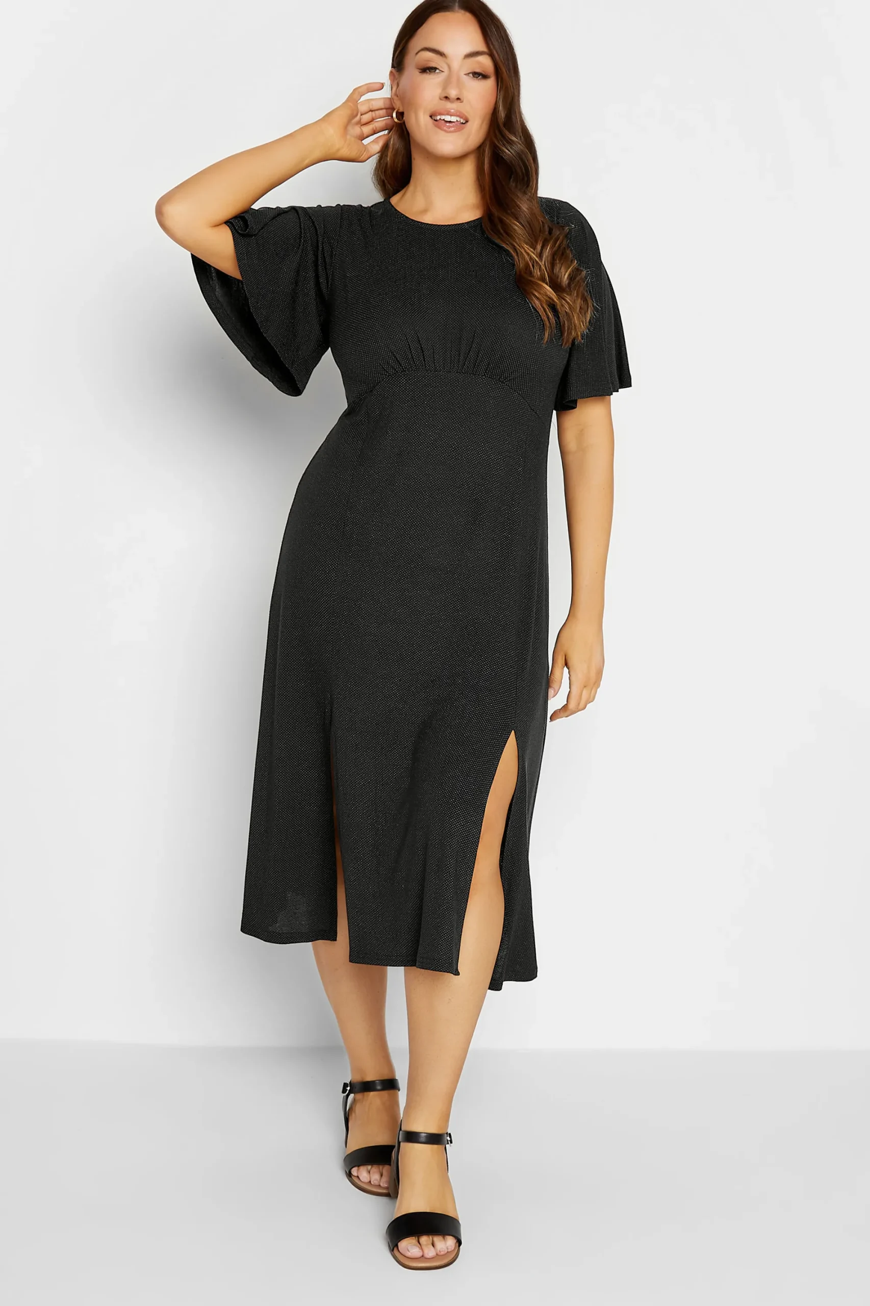 M&Co Womens Black Angel Sleeve Split Hem Midi Dress>Women Wedding Guest Dresses