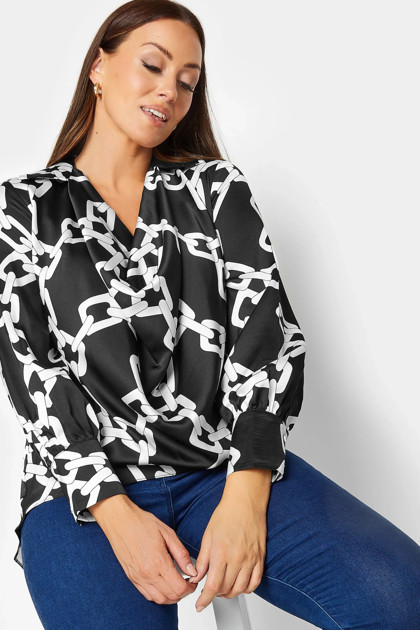 M&Co Womens Black Chain Print Cowl Neck Satin Blouse>Women Long Sleeve Tops