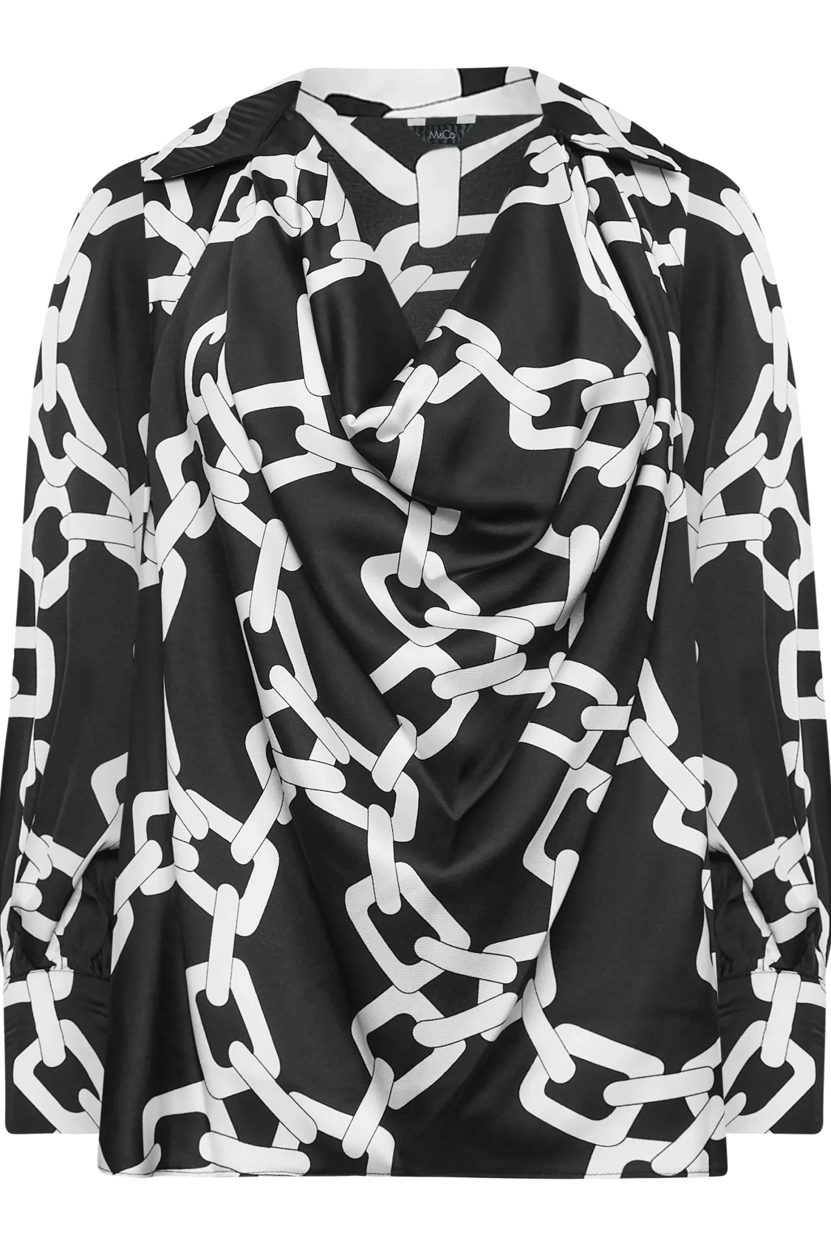 M&Co Womens Black Chain Print Cowl Neck Satin Blouse>Women Long Sleeve Tops