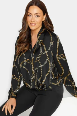 M&Co Womens Black Chain Print Wrap Front Blouse>Women Long Sleeve Tops