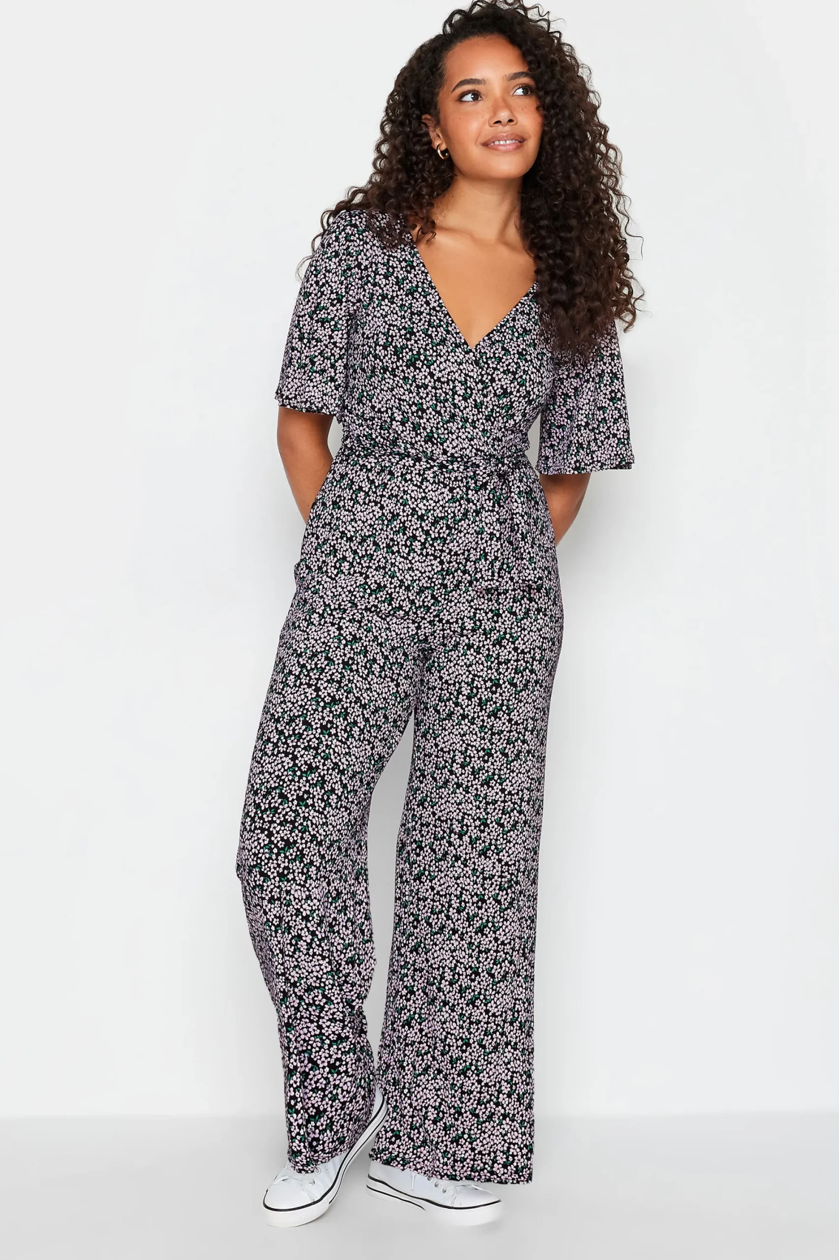M&Co Womens Black Ditsy Print Wrap Wide Leg Jumpsuit>Women Maxi Dresses
