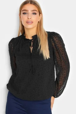 M&Co Womens Black Dobby Tie Neck Blouse>Women Long Sleeve Tops