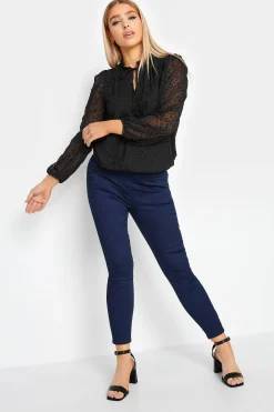 M&Co Womens Black Dobby Tie Neck Blouse>Women Long Sleeve Tops