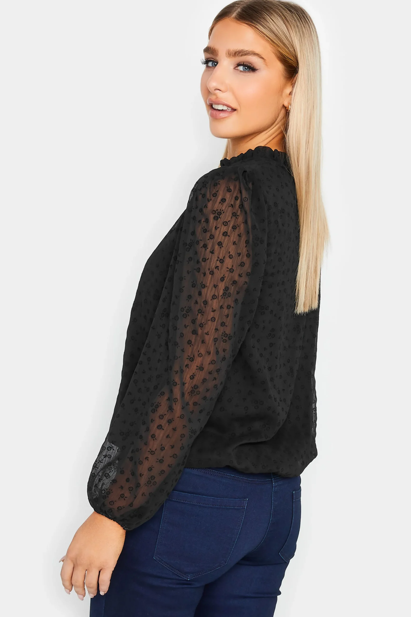 M&Co Womens Black Dobby Tie Neck Blouse>Women Long Sleeve Tops