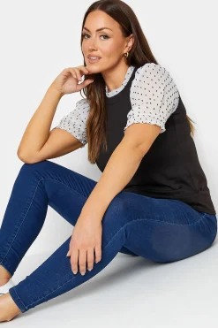 M&Co Womens Black Dobby Sleeve Contrast Blouse>Women Short Sleeve Tops