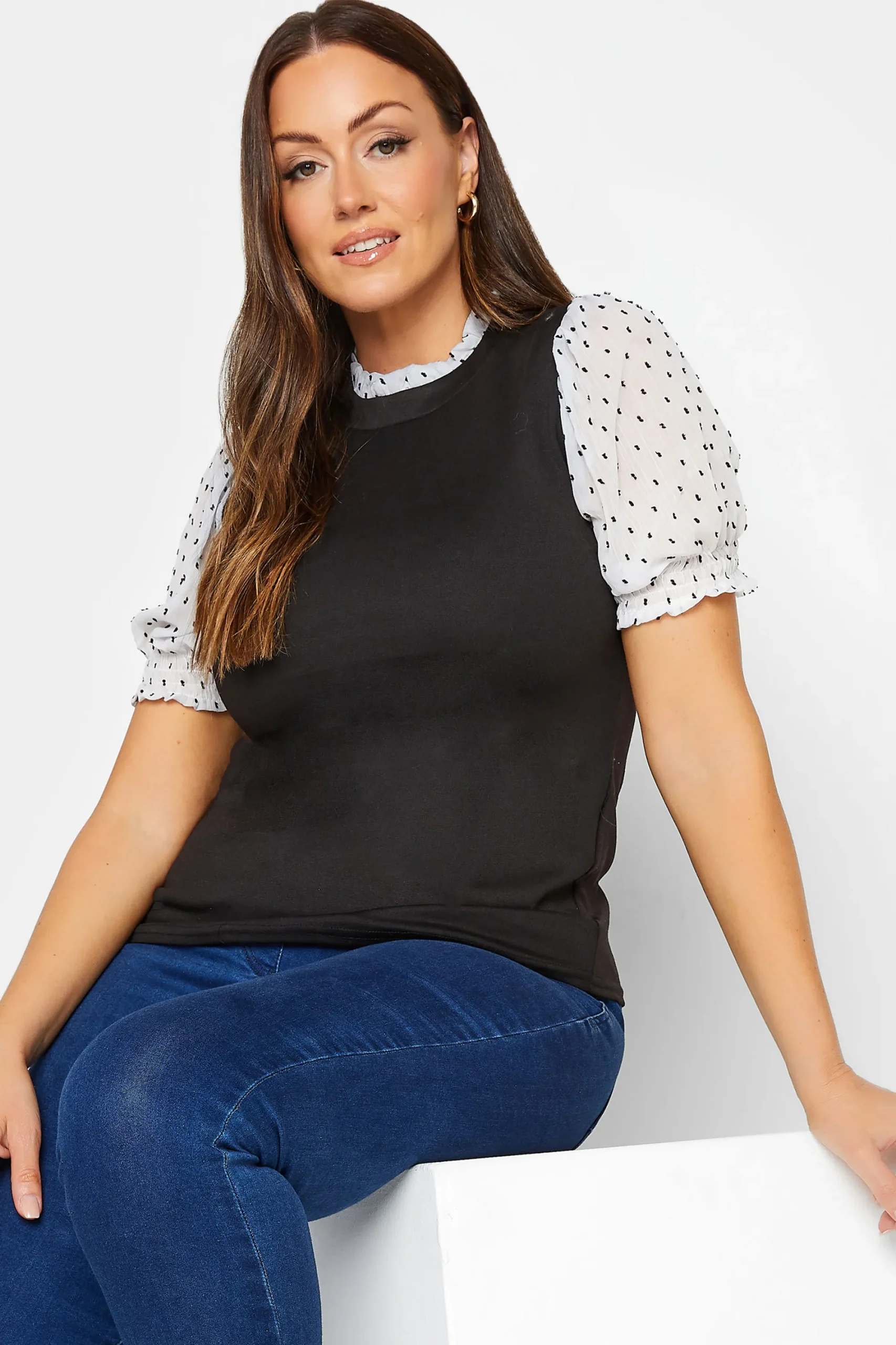 M&Co Womens Black Dobby Sleeve Contrast Blouse>Women Short Sleeve Tops