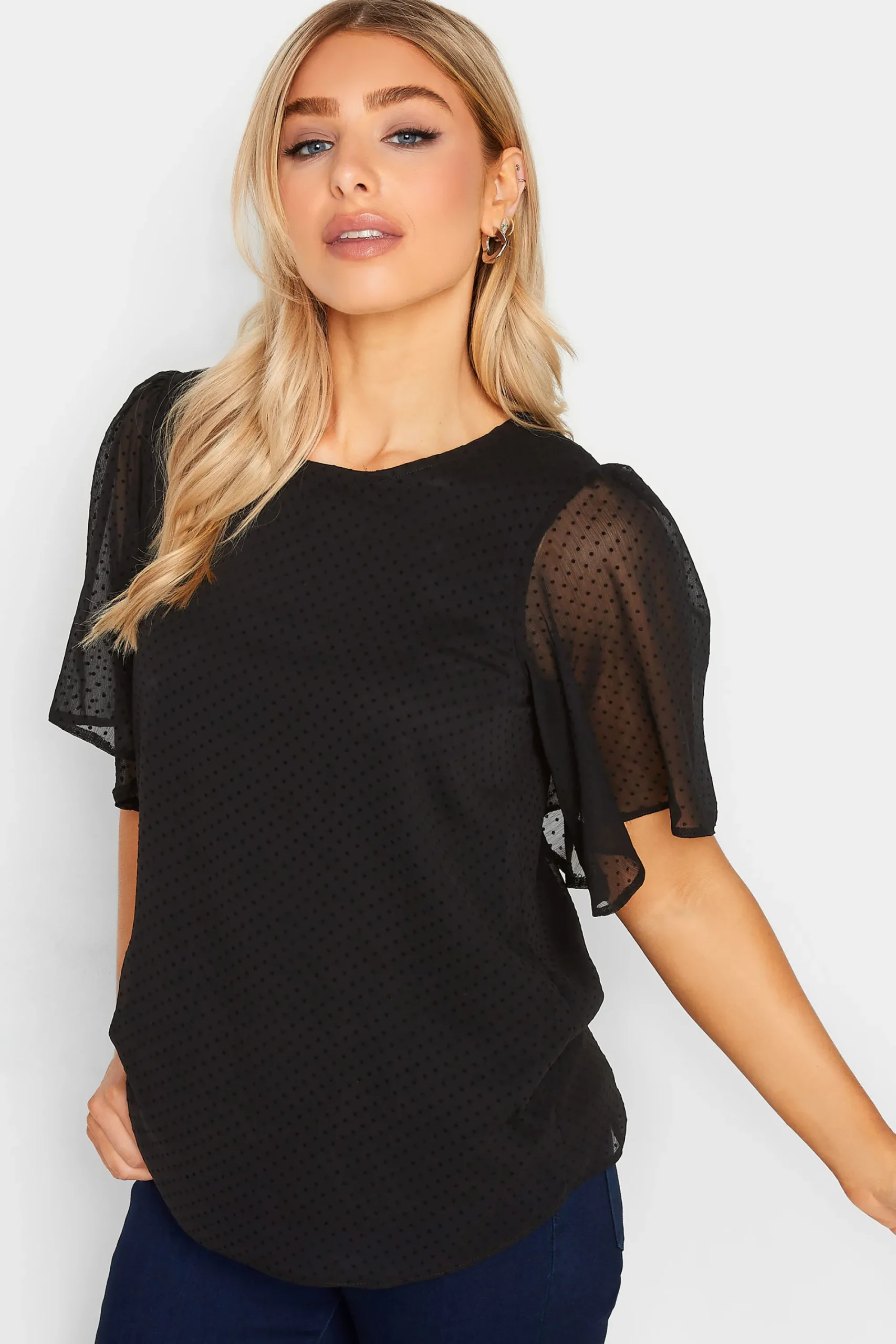 M&Co Womens Black Dobby Angel Sleeve Blouse>Women Short Sleeve Tops