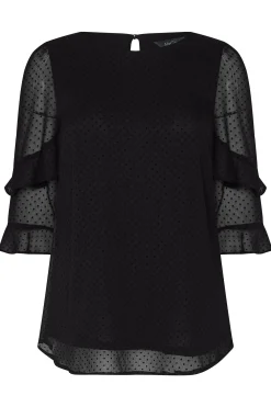 M&Co Womens Black Dobby Double Frill Sleeve Top>Women Short Sleeve Tops