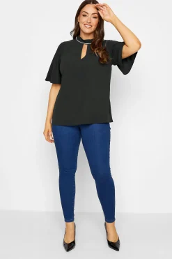M&Co Womens Black Embellished Neck Keyhole Blouse>Women Short Sleeve Tops