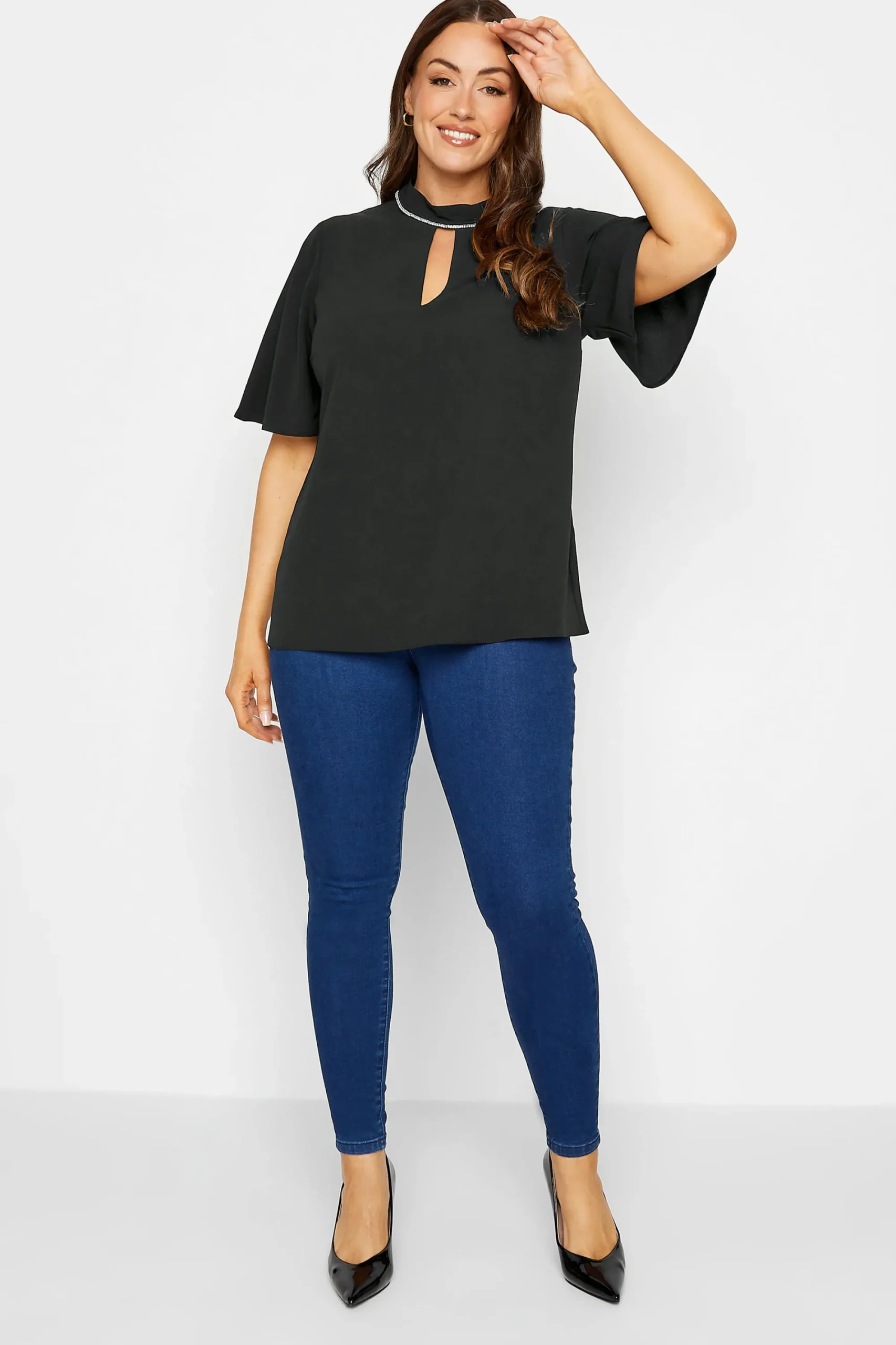 M&Co Womens Black Embellished Neck Keyhole Blouse>Women Short Sleeve Tops