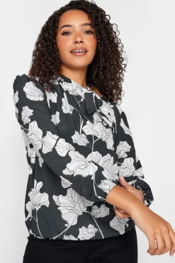 M&Co Womens Black Floral Print Tie Neck Bubble Hem Blouse>Women Blouses