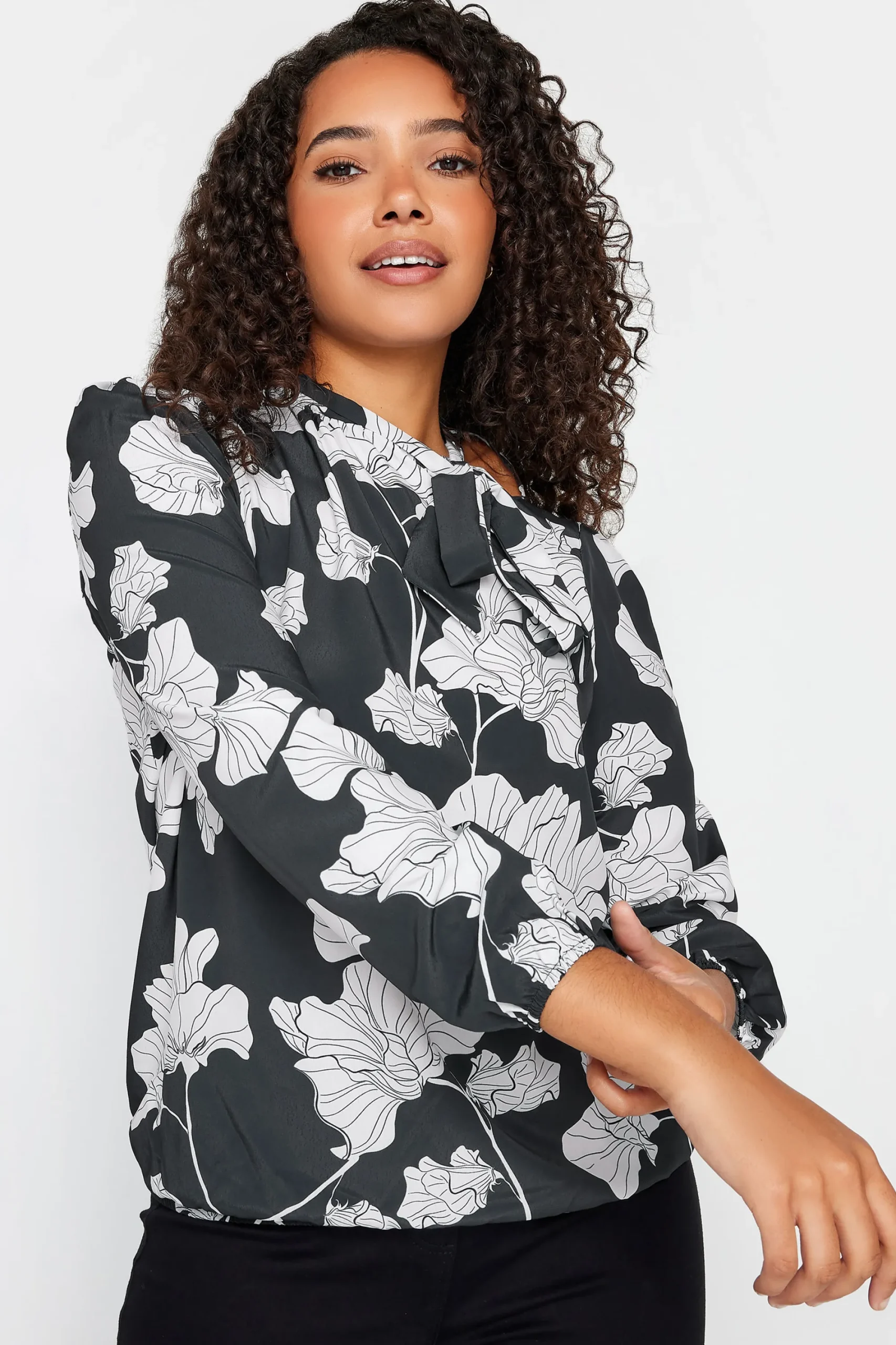 M&Co Womens Black Floral Print Tie Neck Bubble Hem Blouse>Women Blouses