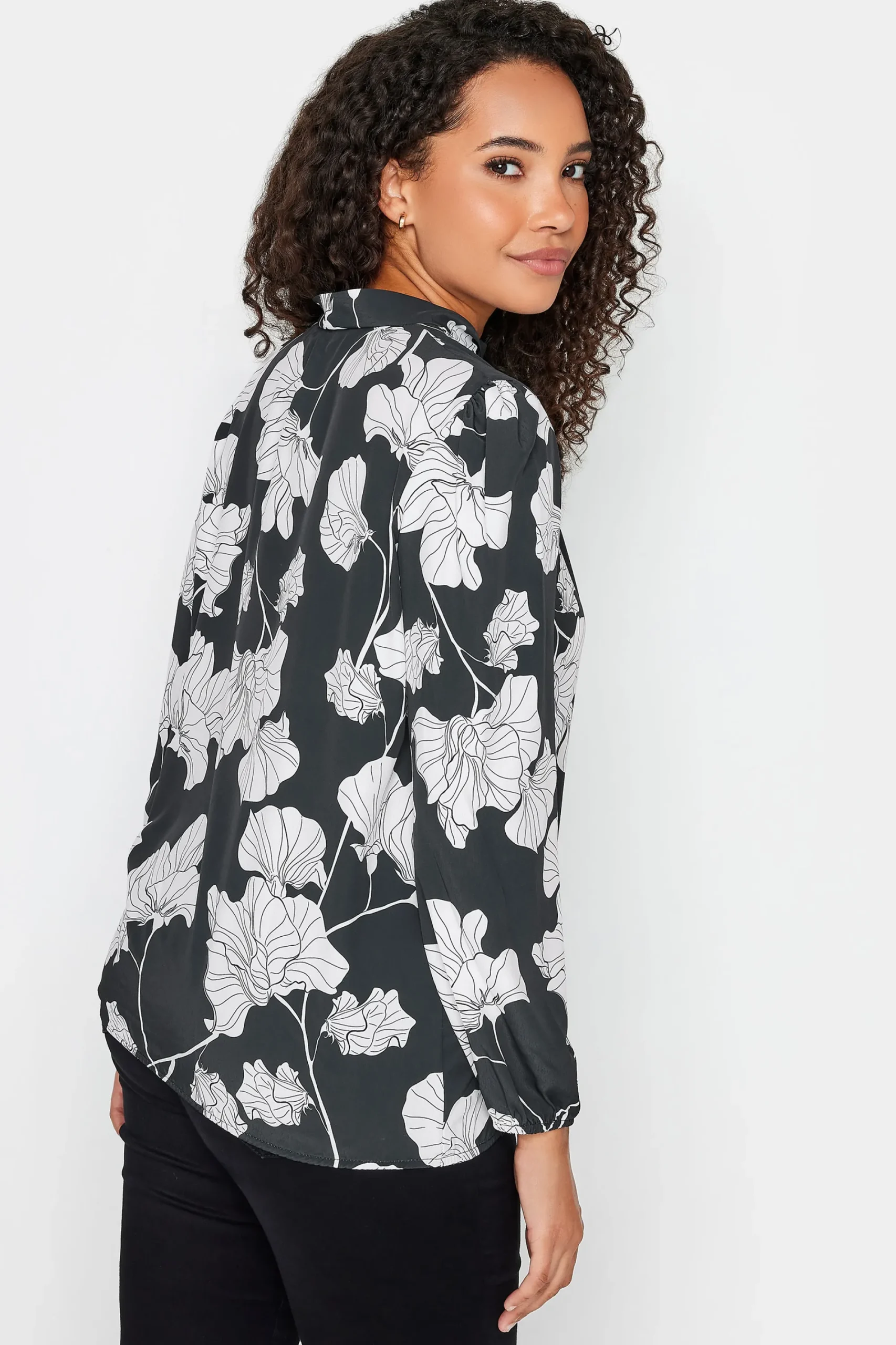 M&Co Womens Black Floral Print Tie Neck Bubble Hem Blouse>Women Blouses