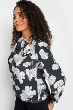 M&Co Womens Black Floral Print Tie Neck Bubble Hem Blouse><noscript><img width=
