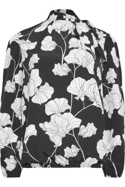 M&Co Womens Black Floral Print Tie Neck Bubble Hem Blouse><noscript><img width=