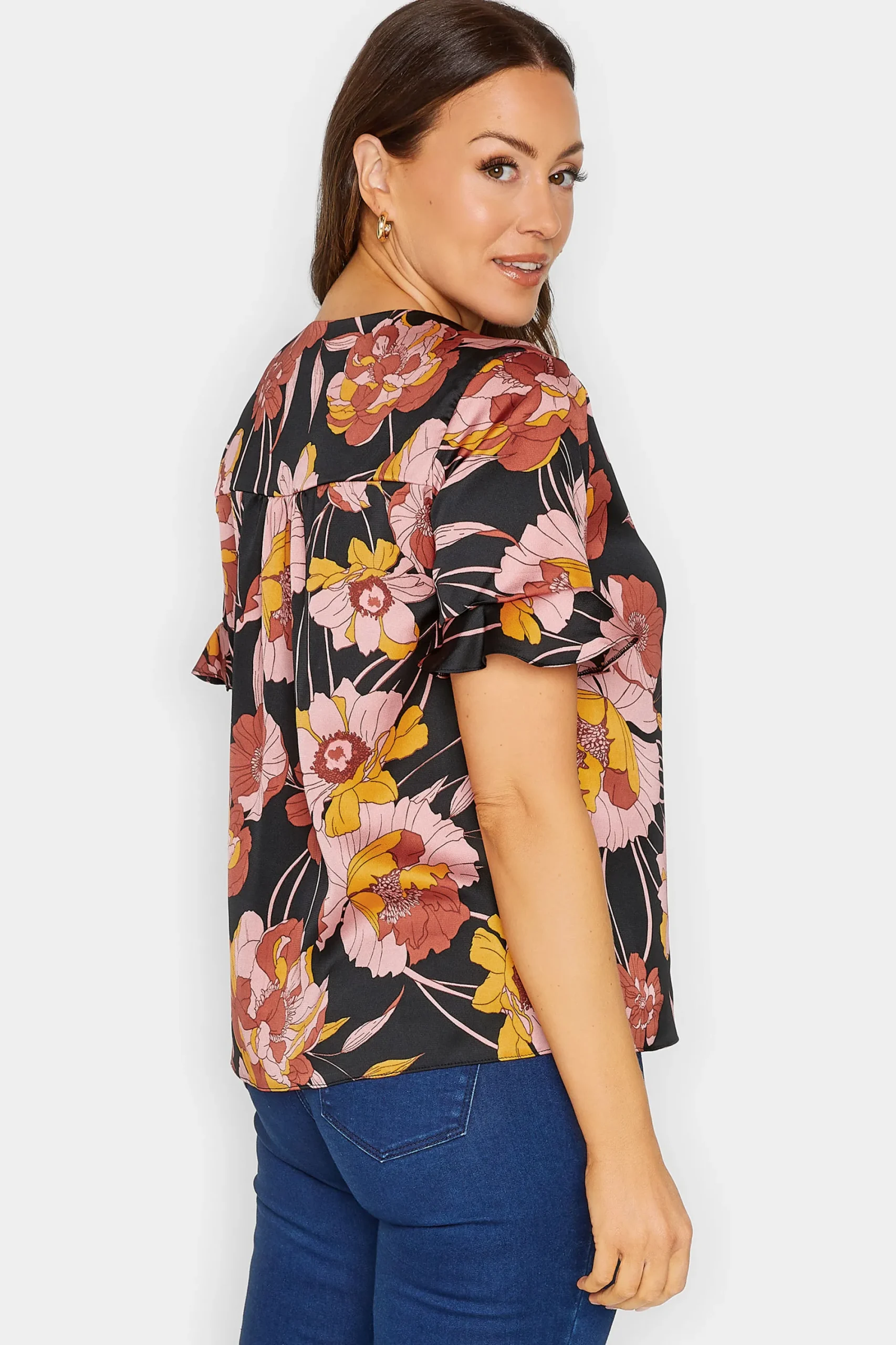 M&Co Womens Black Floral Print Frill Sleeve Blouse>Women Shirts