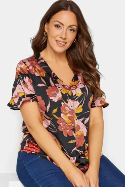 M&Co Womens Black Floral Print Frill Sleeve Blouse><noscript><img width=
