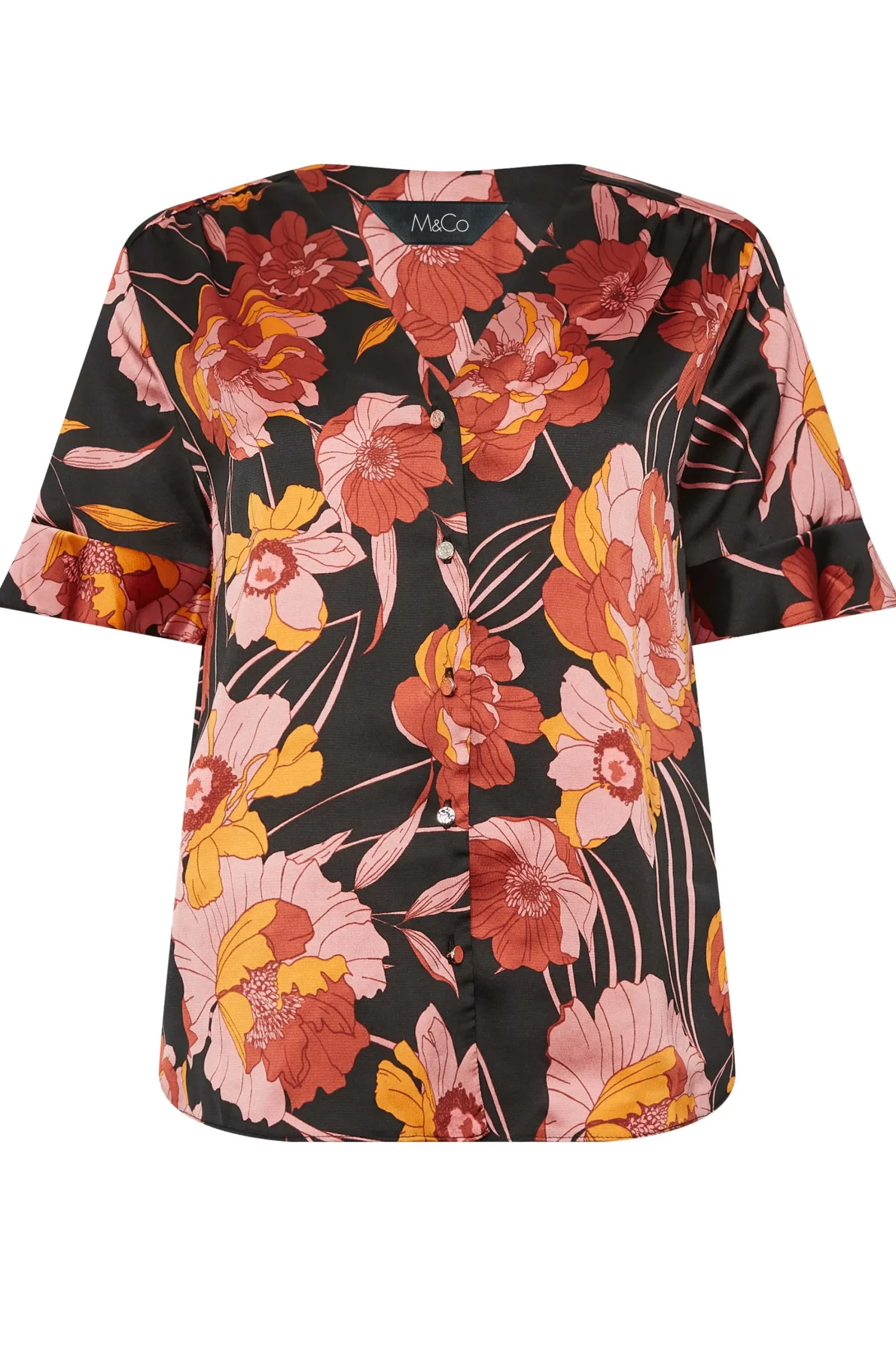 M&Co Womens Black Floral Print Frill Sleeve Blouse>Women Shirts