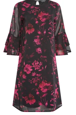 M&Co Womens Black Floral Print Flute Sleeve Shift Dress>Women Midi Dresses