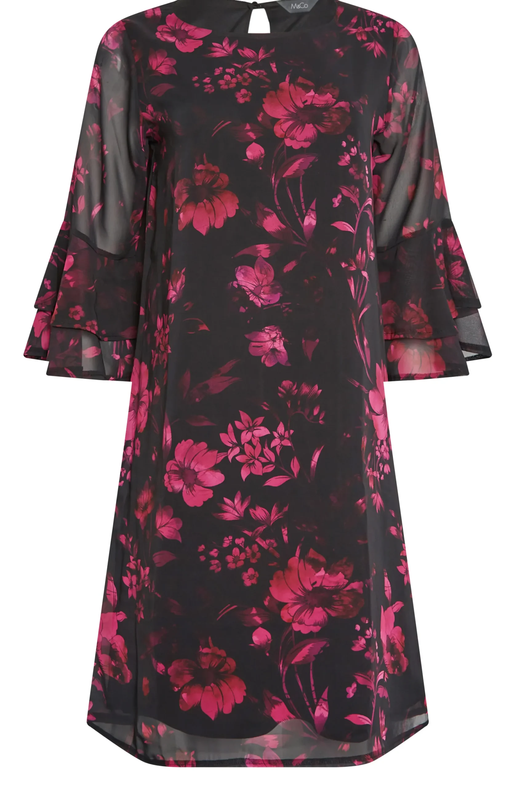 M&Co Womens Black Floral Print Flute Sleeve Shift Dress>Women Midi Dresses