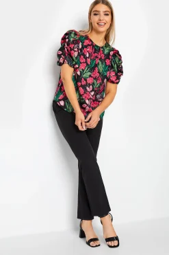 M&Co Womens Black Floral Print Puff Sleeve Blouse>Women Short Sleeve Tops