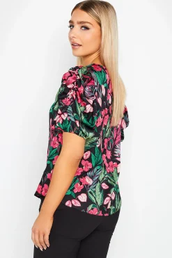 M&Co Womens Black Floral Print Puff Sleeve Blouse><noscript><img width=