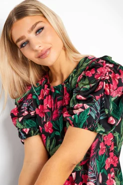 M&Co Womens Black Floral Print Puff Sleeve Blouse><noscript><img width=
