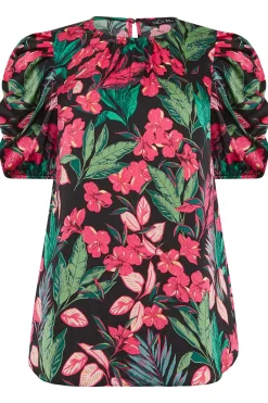 M&Co Womens Black Floral Print Puff Sleeve Blouse><noscript><img width=